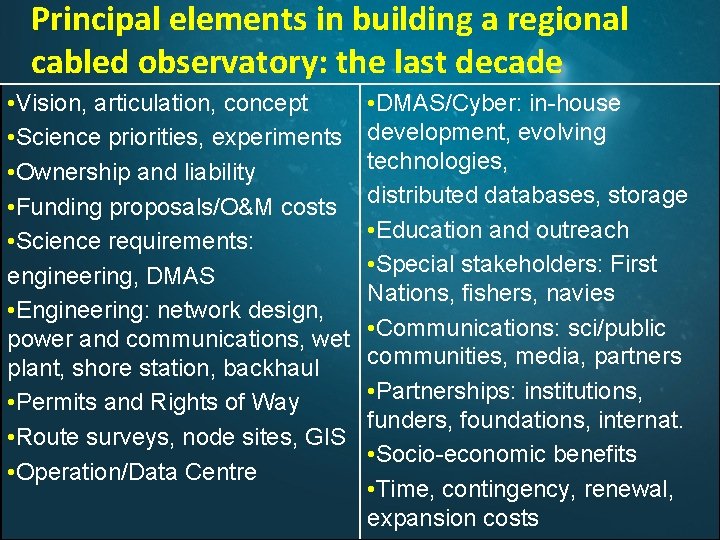 Principal elements in building a regional cabled observatory: the last decade • Vision, articulation,