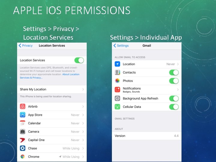 APPLE IOS PERMISSIONS Settings > Privacy > Location Services Settings > Individual App 