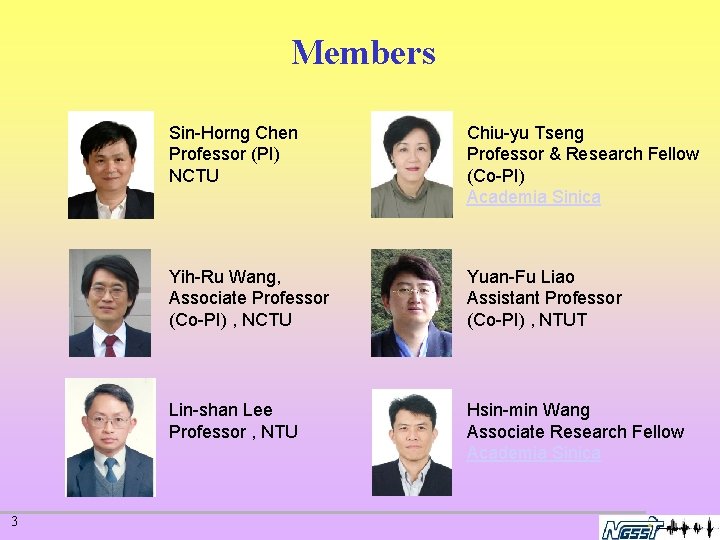 Members 3 Sin-Horng Chen Professor (PI) NCTU Chiu-yu Tseng Professor & Research Fellow (Co-PI)