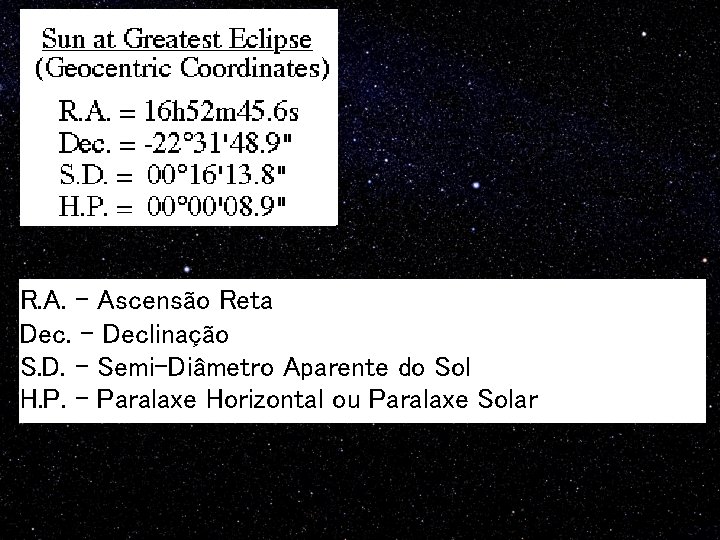 R. A. – Ascensão Reta Dec. - Declinação S. D. – Semi-Diâmetro Aparente do