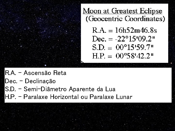 R. A. – Ascensão Reta Dec. - Declinação S. D. – Semi-Diâmetro Aparente da