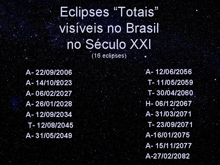 Eclipses “Totais” visíveis no Brasil no Século XXI (16 eclipses) A- 22/09/2006 A- 14/10/2023