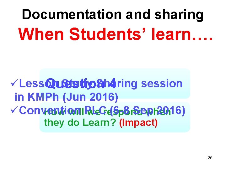 Documentation and sharing When Students’ learn…. üLesson Study Sharing session Question 4 in KMPh