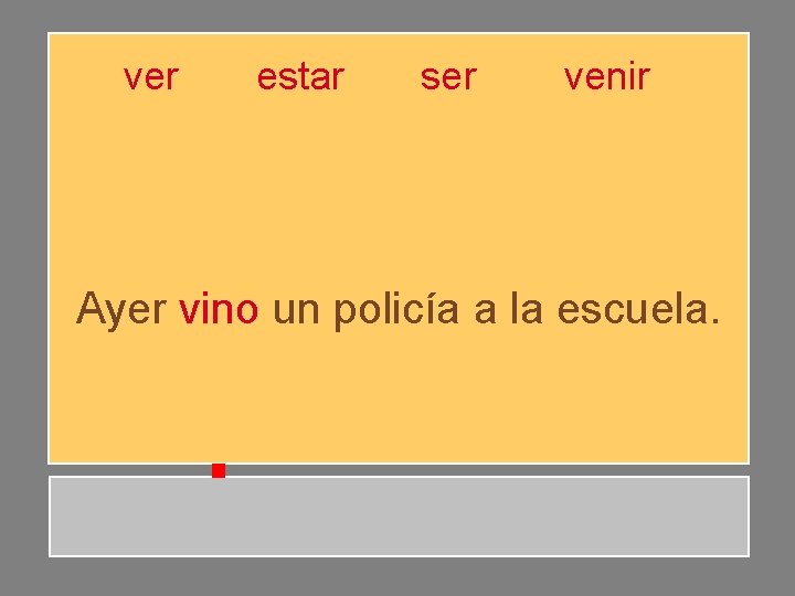 ver estar ser venir Ayer vino un policía a la escuela. ver estar ser venir Ayer vino un policía a la escuela.