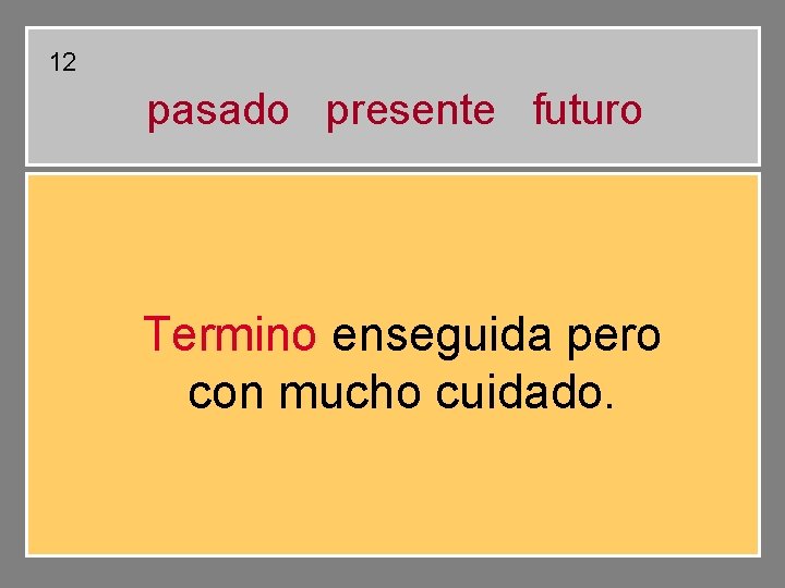12 pasado presente futuro Termino enseguida pero con mucho cuidado. 12 pasado presente futuro Termino enseguida pero con mucho cuidado.
