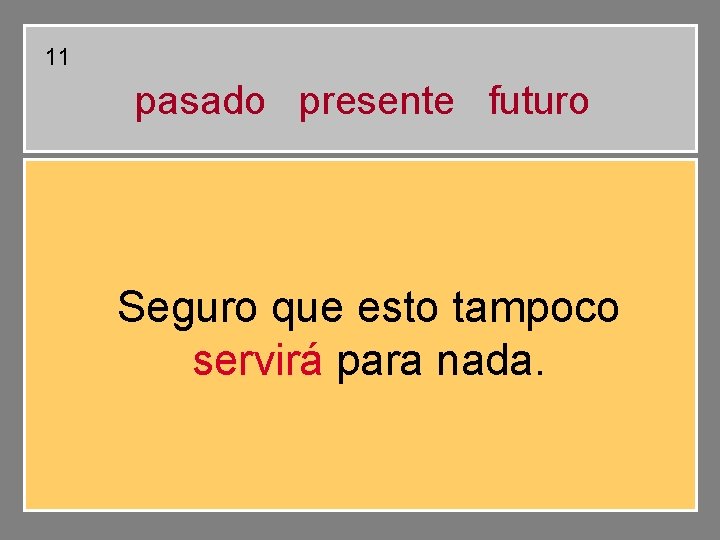 11 pasado presente futuro Seguro que esto tampoco servirá para nada. 11 pasado presente futuro Seguro que esto tampoco servirá para nada.