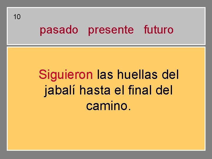 10 pasado presente futuro Siguieron las huellas del jabalí hasta el final del camino. 10 pasado presente futuro Siguieron las huellas del jabalí hasta el final del camino.