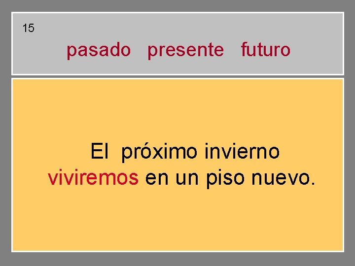 15 pasado presente futuro El próximo invierno viviremos en un piso nuevo. 15 pasado presente futuro El próximo invierno viviremos en un piso nuevo.