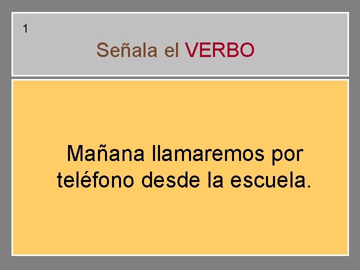 1 Señala el VERBO Mañana llamaremos por teléfono desde la escuela. 1 Señala el VERBO Mañana llamaremos por teléfono desde la escuela.