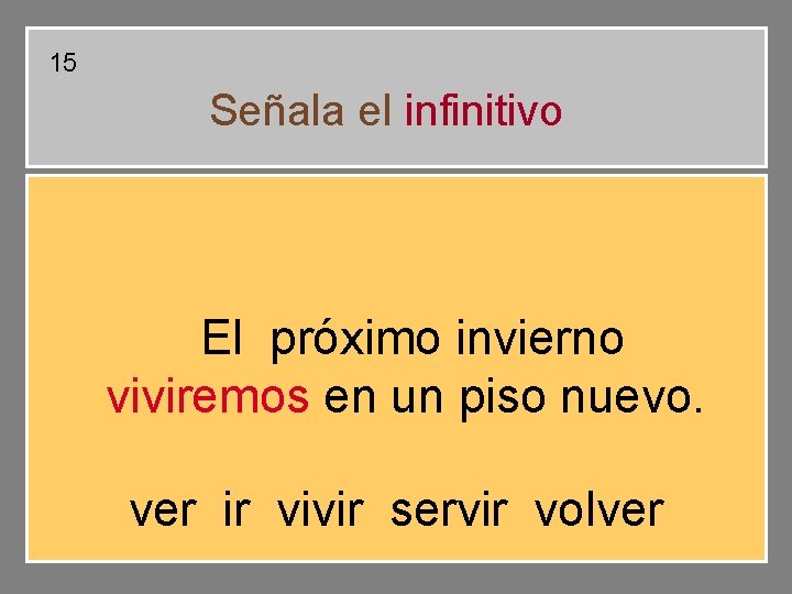 15 Señala el infinitivo El próximo invierno viviremos en un piso nuevo. ver ir 15 Señala el infinitivo El próximo invierno viviremos en un piso nuevo. ver ir