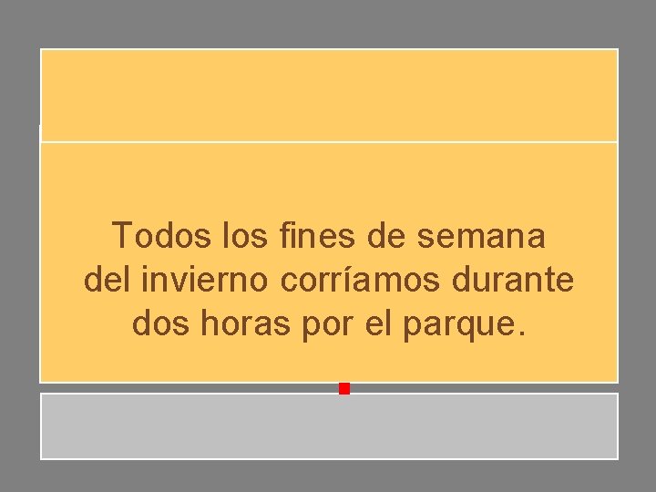 Todos los fines de semana del invierno corríamos durante dos horas por el parque. Todos los fines de semana del invierno corríamos durante dos horas por el parque.