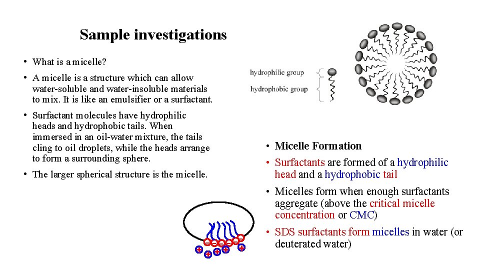 Sample investigations • What is a micelle? • A micelle is a structure which