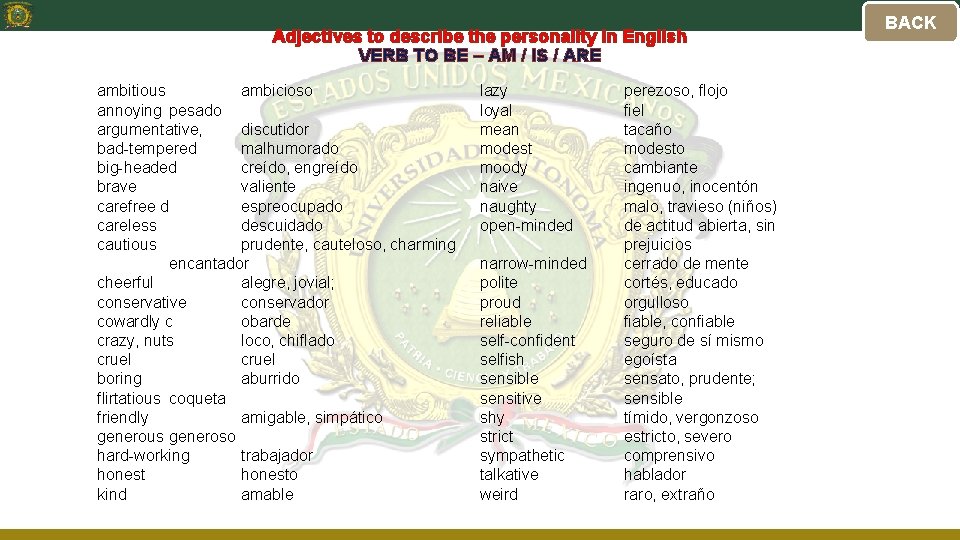 Adjectives to describe the personality in English VERB TO BE – AM / IS