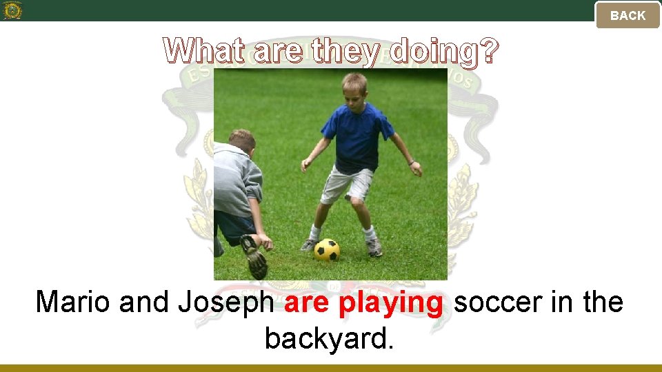 BACK What are they doing? Mario and Joseph are playing soccer in the backyard.