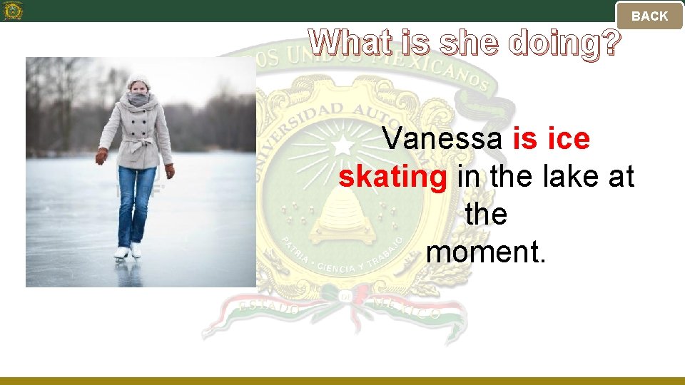 What is she doing? BACK Vanessa is ice skating in the lake at the