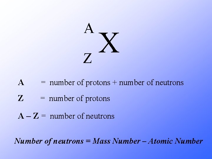 A X Z A = number of protons + number of neutrons Z = A X Z A = number of protons + number of neutrons Z =