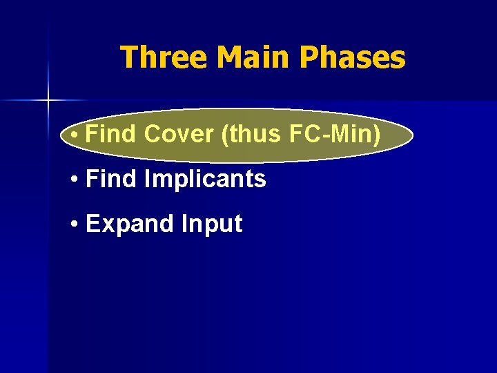 Three Main Phases • Find Cover (thus FC-Min) • Find Implicants • Expand Input