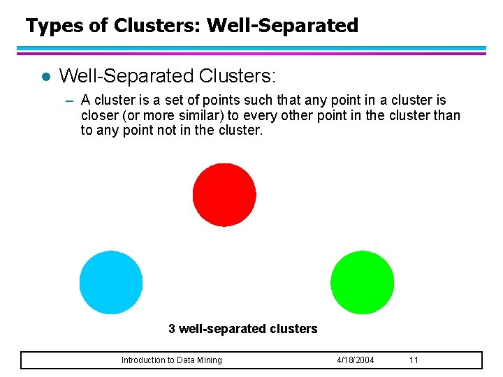 Types of Clusters: Well-Separated l Well-Separated Clusters: – A cluster is a set of