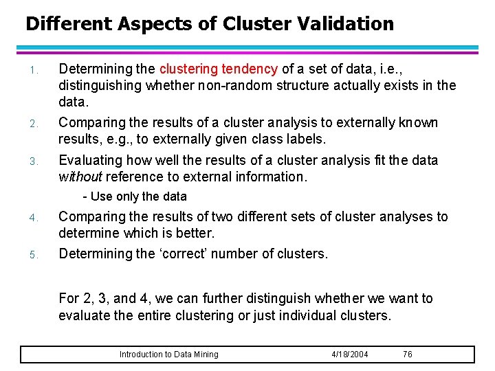 Different Aspects of Cluster Validation 1. Determining the clustering tendency of a set of