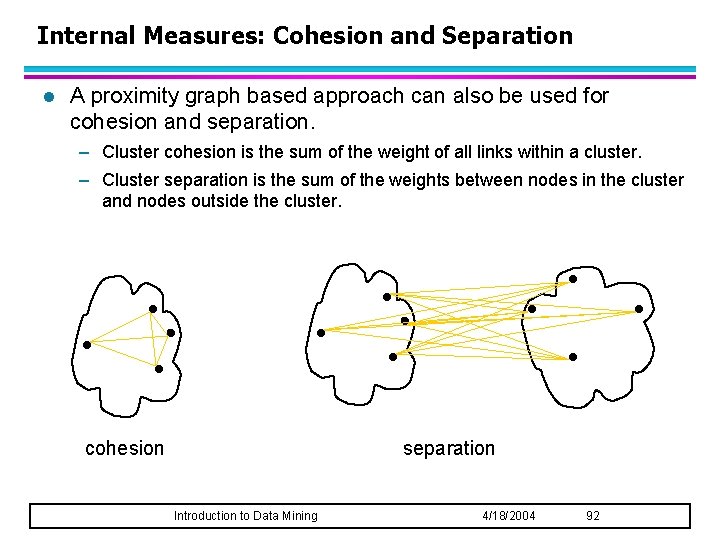 Internal Measures: Cohesion and Separation l A proximity graph based approach can also be