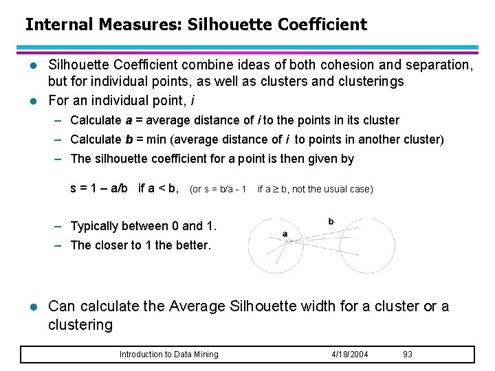 Internal Measures: Silhouette Coefficient l l Silhouette Coefficient combine ideas of both cohesion and