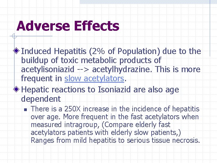 Adverse Effects Induced Hepatitis (2% of Population) due to the buildup of toxic metabolic