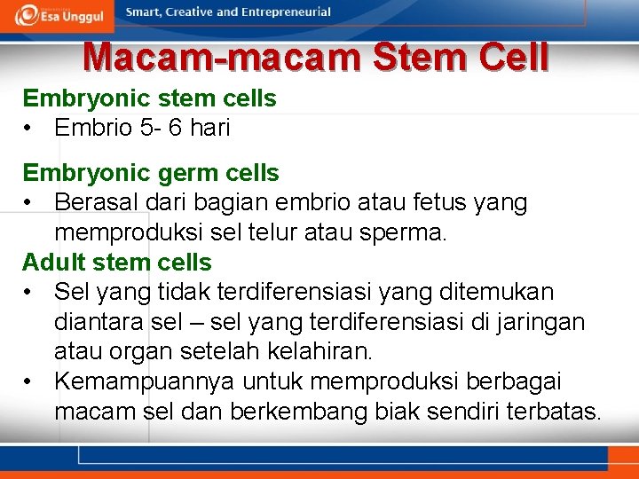 Macam-macam Stem Cell Embryonic stem cells • Embrio 5 - 6 hari Embryonic germ