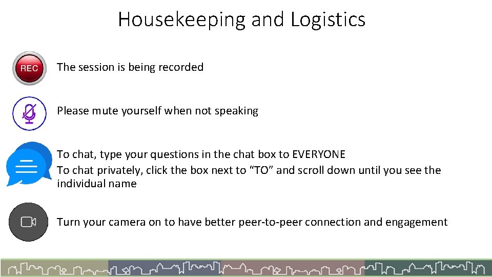 Housekeeping and Logistics The session is being recorded Please mute yourself when not speaking