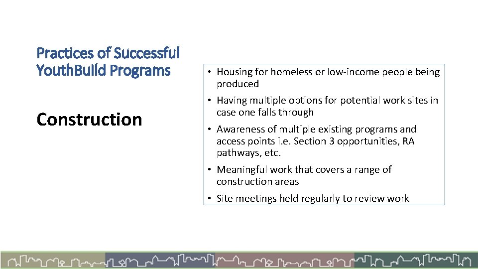 Practices of Successful Youth. Build Programs Construction • Housing for homeless or low-income people