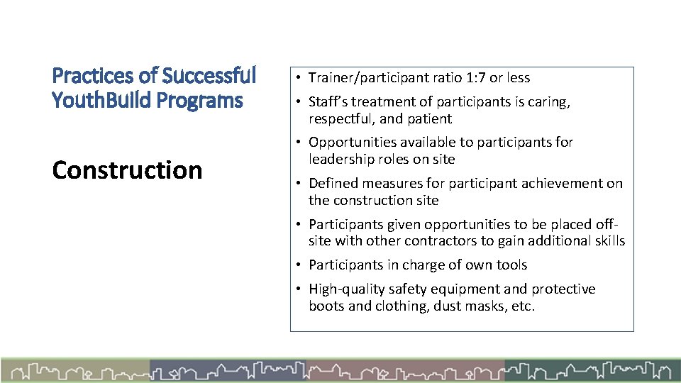 Practices of Successful Youth. Build Programs Construction • Trainer/participant ratio 1: 7 or less