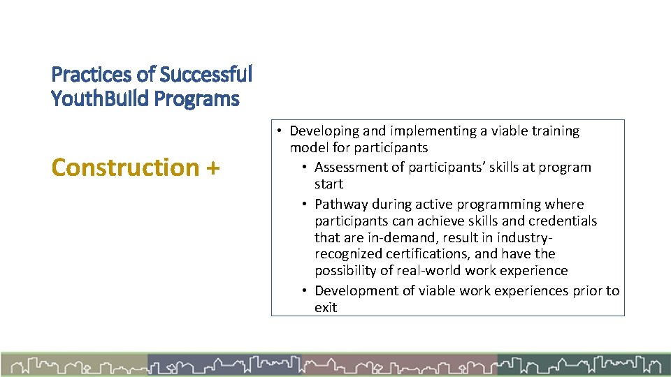 Practices of Successful Youth. Build Programs Construction + • Developing and implementing a viable