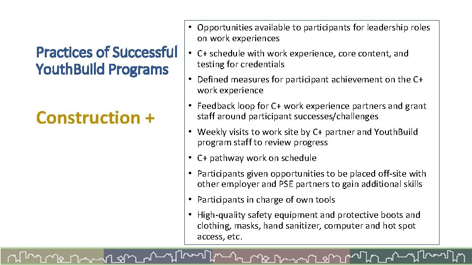 Practices of Successful Youth. Build Programs Construction + • Opportunities available to participants for