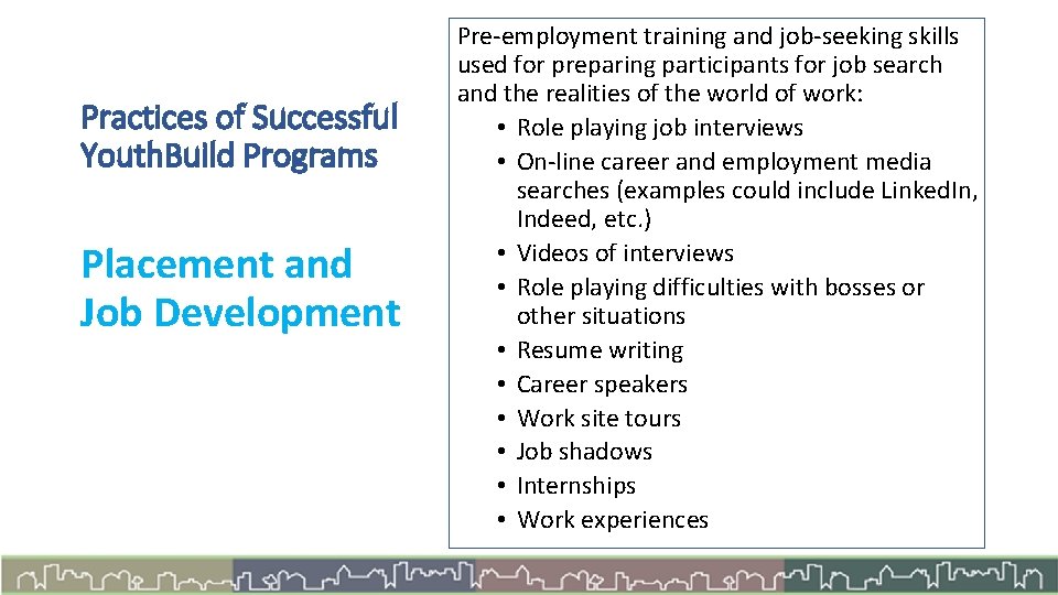 Practices of Successful Youth. Build Programs Placement and Job Development Pre-employment training and job-seeking