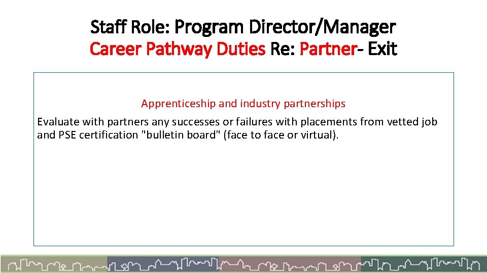 Staff Role: Program Director/Manager Career Pathway Duties Re: Partner- Exit Apprenticeship and industry partnerships