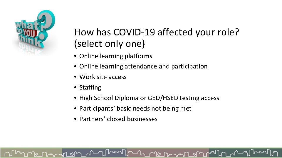 How has COVID-19 affected your role? (select only one) • • Online learning platforms