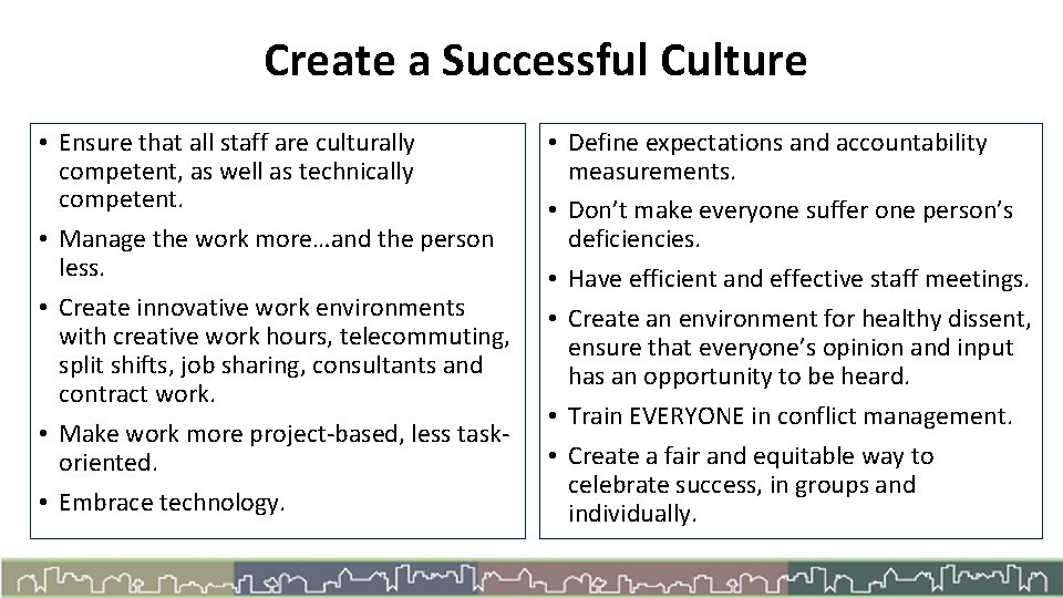  Create a Successful Culture • Ensure that all staff are culturally competent, as