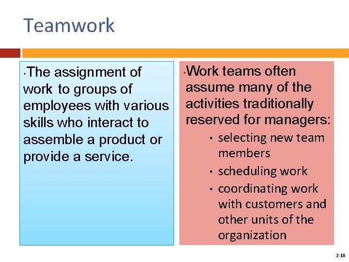 Teamwork The assignment of work to groups of employees with various skills who interact