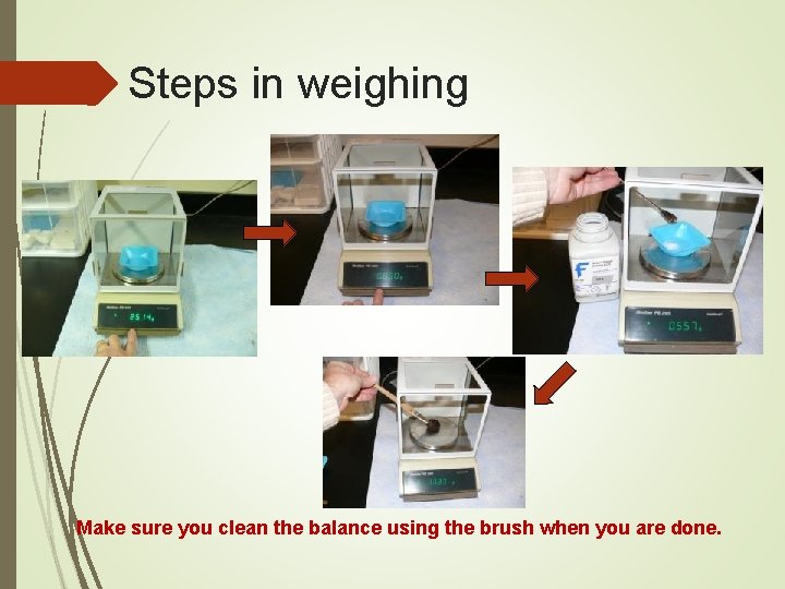 Steps in weighing Make sure you clean the balance using the brush when you