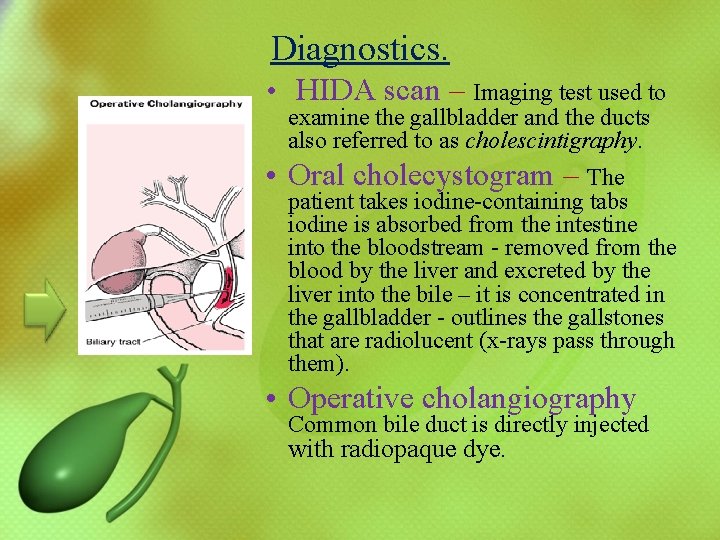 Diagnostics. • HIDA scan – Imaging test used to examine the gallbladder and the