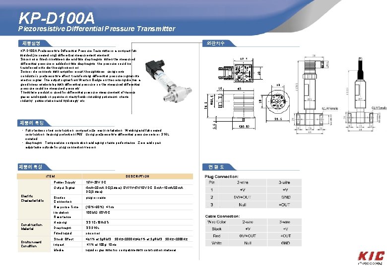 KP-D 100 A Piezoresistive Differential Pressure Transmitter 외관치수 Product 제품설명 KP-D 100 A Piezoresistive