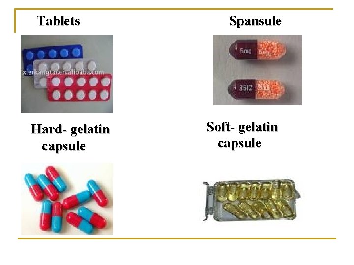 Tablets Hard- gelatin capsule Spansule Soft- gelatin capsule 