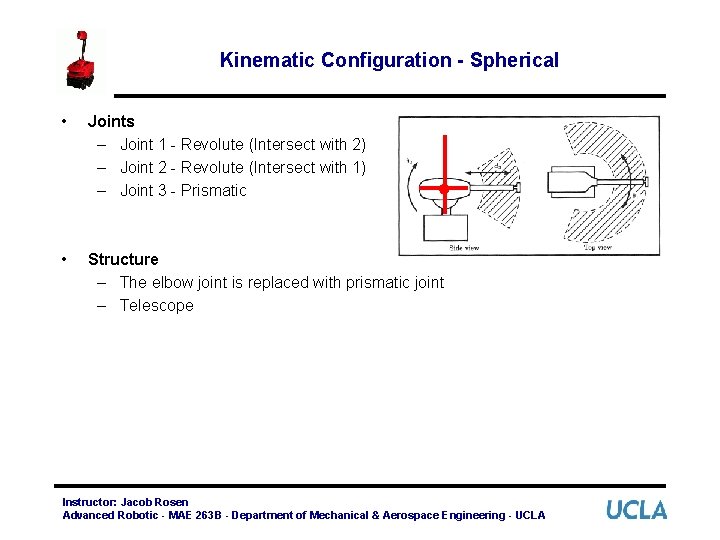Kinematic Configuration - Spherical • Joints – Joint 1 - Revolute (Intersect with 2)