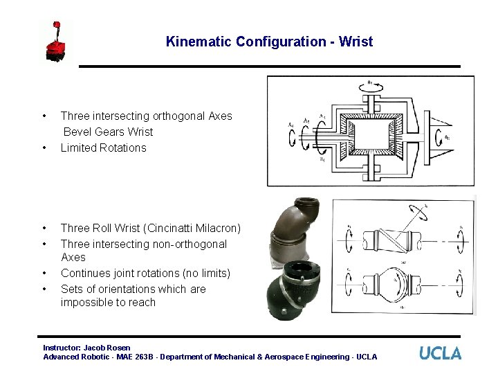 Kinematic Configuration - Wrist • • • Three intersecting orthogonal Axes Bevel Gears Wrist