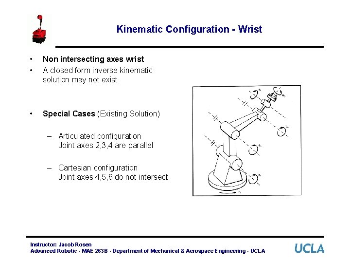 Kinematic Configuration - Wrist • • Non intersecting axes wrist A closed form inverse