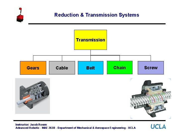 Reduction & Transmission Systems Transmission Gears Cable Belt Chain Instructor: Jacob Rosen Advanced Robotic