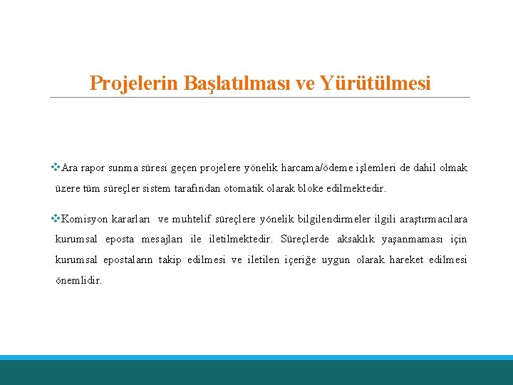 Projelerin Başlatılması ve Yürütülmesi v. Ara rapor sunma süresi geçen projelere yönelik harcama/ödeme işlemleri