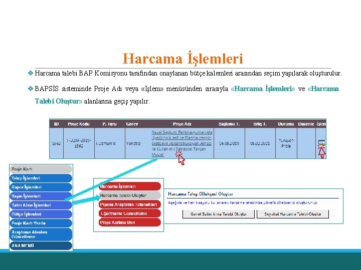 Harcama İşlemleri v Harcama talebi BAP Komisyonu tarafından onaylanan bütçe kalemleri arasından seçim yapılarak