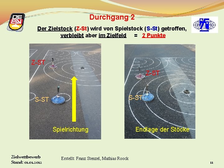 Durchgang 2 Der Zielstock (Z-St) wird von Spielstock (S-St) getroffen, verbleibt aber im Zielfeld