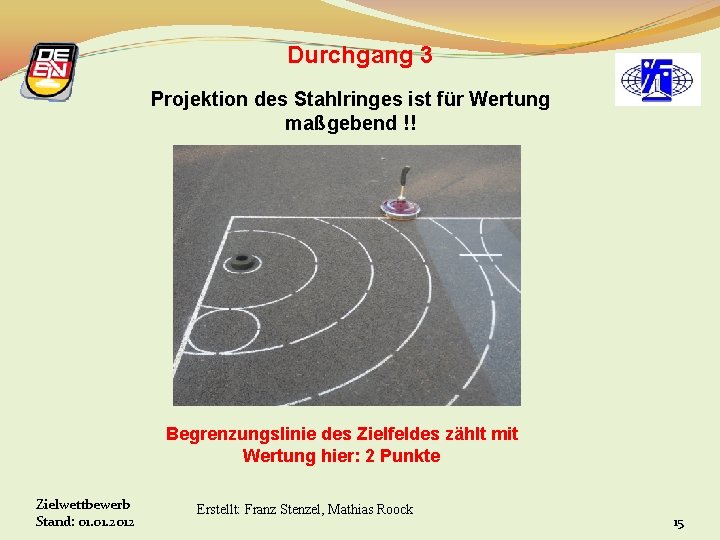 Durchgang 3 Projektion des Stahlringes ist für Wertung maßgebend !! Begrenzungslinie des Zielfeldes zählt