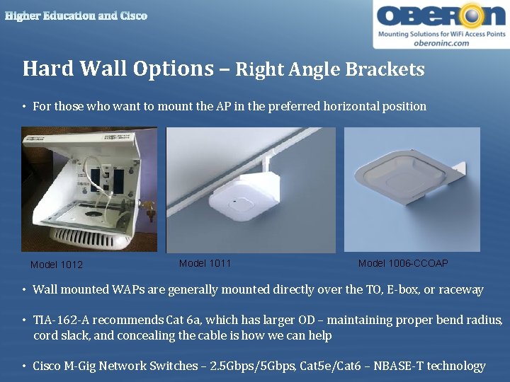 Higher Education and Cisco Hard Wall Options – Right Angle Brackets • For those